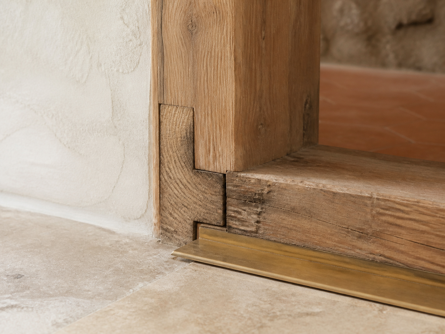 Détail de seuil en bois et laiton